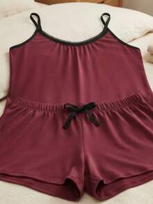 Conjunto de pijama lindo confortável de malha estiloso feminino algodão - Marsala - Visão 8