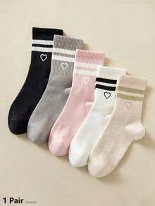 6/10/20/30pcs Women's Fashionable Personalized Mid-Calf Socks - Solid Color, Striped And Heart Pattern Design, Soft Comfortable, Breathable Casual, Suitable For Daily Wear. 1/5 Pairs - Multicolor Lines Love Heart - View 7