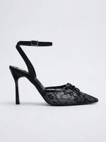 Women's Black Lace Mesh Pointed Toe Ankle Strap High Heel Pumps With Bow, Stiletto Heel Dress Shoes For Graduation, Prom, Wedding Guest, Dating - Black - View 3