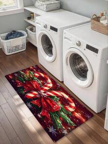 Christmas Design Welcome Doormat, Holiday Candy Cane, Bow And Gift Pattern, Machine Washable Polyester Material, Non-Slip Backing, Suitable For Bathroom, Living Room, Bedroom, Kitchen, Office Decoration, Holiday Doormat | Holiday Welcome Doormat | Polyester Doormat - A - View 10