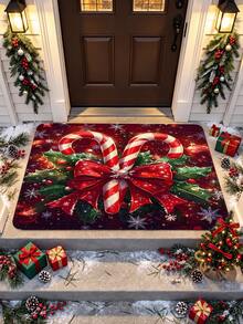 Christmas Design Welcome Doormat, Holiday Candy Cane, Bow And Gift Pattern, Machine Washable Polyester Material, Non-Slip Backing, Suitable For Bathroom, Living Room, Bedroom, Kitchen, Office Decoration, Holiday Doormat | Holiday Welcome Doormat | Polyester Doormat - A - View 5