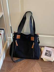 Durable Canvas Men's Tote Bag, Large Capacity Multi-Pocket Handbag, Casual Commute Crossbody Shoulder Bag, Multifunctional Travel Bag - Black - View 5