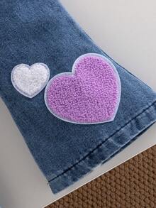 1pc Baby Girl Sweet Style Washed Chenille Heart Patchwork Retro Flare Leg Pants, Spring/Autumn Back To School - Light Wash - View 4