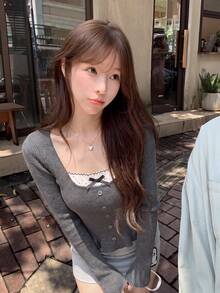 Korean Style Square Neck Polka Dot Bowknot Fishtail Hem Ruffle Waist Long Sleeve Knit Sweater Women Autumn Winter Inner Layer Base Layer Button Slim Fit Pure Desire Sweater Top - Dark Grey - View 3