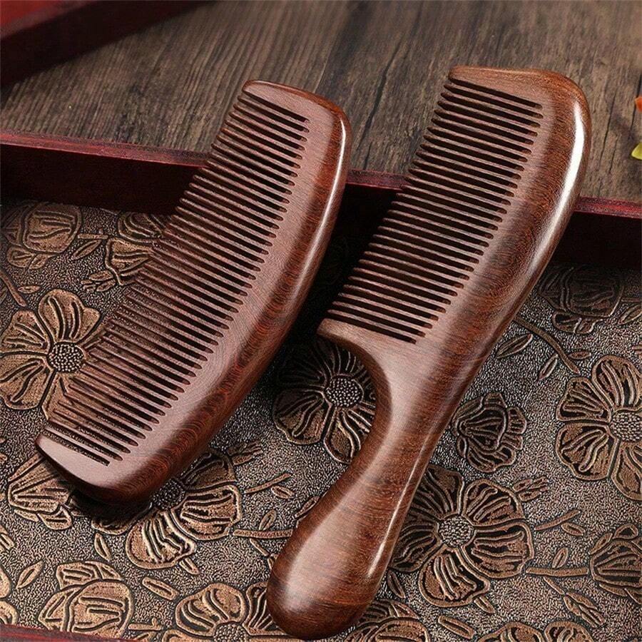 1pc Natural Wooden Fine-Tooth Comb, Anti-Static Anti-Hair Loss, Portable, Designed For Women With Long Hair - Multicolor - View 1