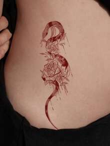 1pc Temporary Tattoo Sticker, Red Line Art Snake & Roses Pattern, Realistic Tattoo Design, Suitable For Daily Wear, Bachelorette Party Favors, Music Festivals, Games, Graduation Gifts, Lasts 3-5 Days - Red - View 5