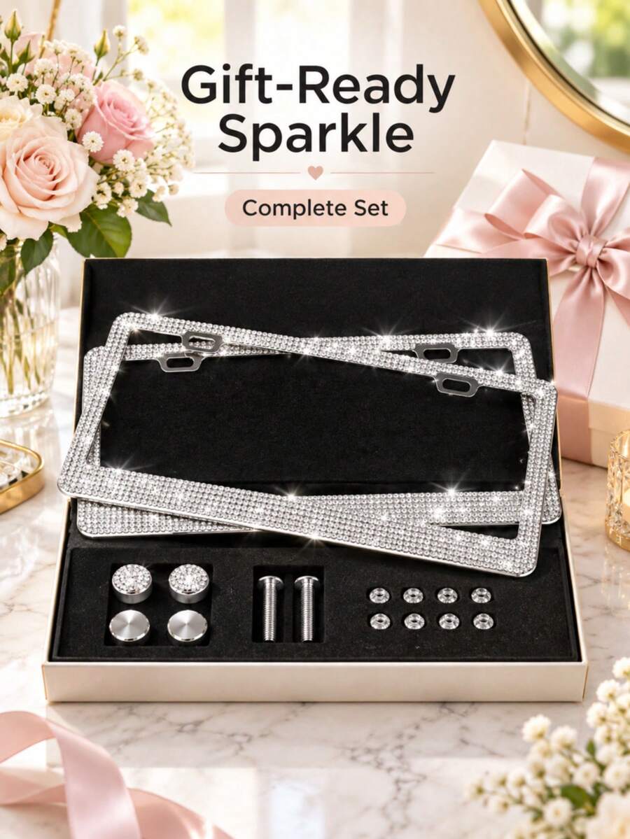 Sparkling License Plate Frame, Crystal Bling Rhinestone Stainless Steel Women's License Plate Frame, Diamond Car Exterior Accessories, Perfect Gift For Girls, Car Accessories, Fits Most Models - A - View 1