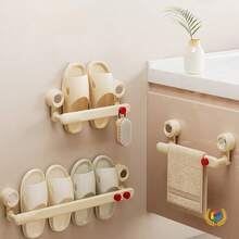 1pc Dopamine Suction Cup Towel Rack, Wall-Mounted Home Bathroom, No Drilling Required, Can Store Slippers, With Towel And Slipper Hooks - Multicolor - View 2