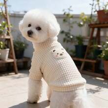 1PC Waffle Knit Dog T-Shirt, Cute Bear Patch Half High Collar Pet Short Sleeve Shirt, Soft Stretchy Daily Clothes For Small Dogs Bichon Maltese Poodle - Apricot - View 2
