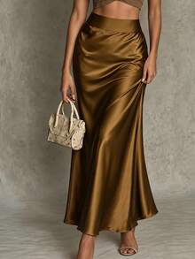 Women's High Waist Satin Skirt, Elegant Silky Drape Mermaid Long Skirt, Solid Color Pleated Flowy Hem, Suitable For Banquet, Wedding Guest, Daily Commute - Golden Brown - View 6