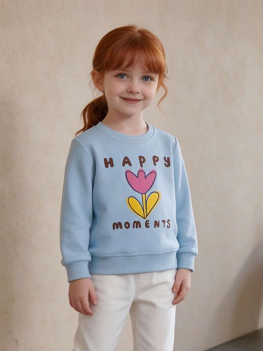 Girls Round Neck Long Sleeve Sweatshirt Hand-Painted Tulip HAPPY MOMENTS Letter Print Loose Casual Pullover Sweatshirt For Toddlers And Young Children - Baby Blue - View 1