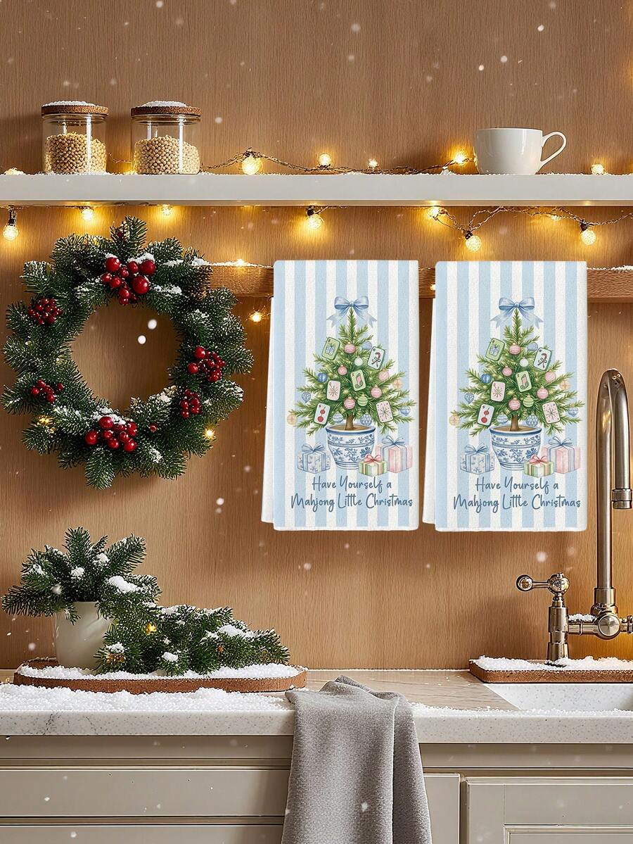 2 Pcs Snowflake Christmas Tree Mahjong Card Green Leaf Print Microfiber Rectangular Quick Dry Kitchen Towels For Christmas Winter Home Decor - Baby Blue - View 1