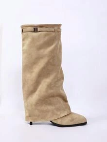 Women's Slouchy Knee-High Kitten Heel Boots, Fold-Over Buckle High-Shaft Boots, Suitable For Daily Commute And Party Outfits - Khaki - View 1