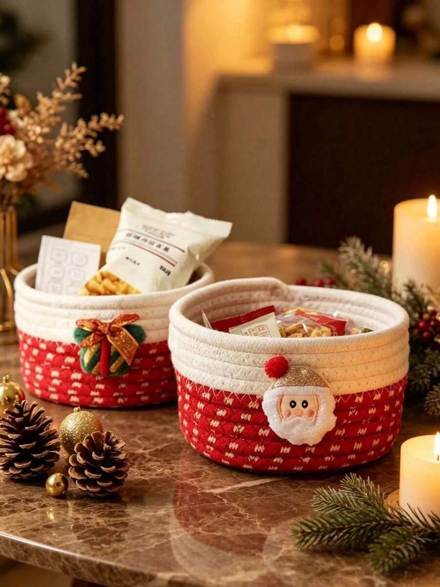 Christmas Handmade Woven Rope Storage Basket, Holiday Bow Decor Desktop Organizer, Home Decor Gift Basket - Multicolor - View 1
