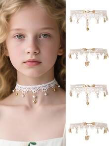 1pc/2pcs Girls Gentle Lace Choker Necklace With Faux Pearl Heart Pendant, Short Collarbone Chain Accessory, Sweet Girl Style - Multicolor - View 1