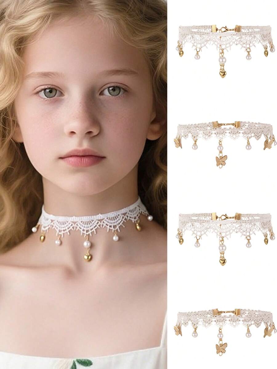 1pc/2pcs Girls Gentle Lace Choker Necklace With Faux Pearl Heart Pendant, Short Collarbone Chain Accessory, Sweet Girl Style - Multicolor - View 1