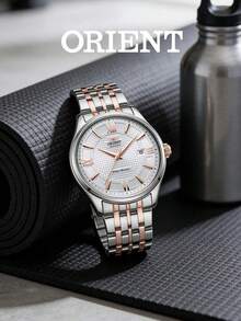 Men's ORIENT Two‑Tone Automatic Mechanical Watch Textured Silver Dial Roman Numeral Indices Date Display Stainless Steel Bracelet Business Dress Watch - SAC04001W0 - View 4