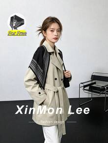 Manteau trench premium style coréen début d'automne avec écharpe, manteau ample unique à double boutonnage décontracté pour le port quotidien et les voyages, printemps/automne - Nude - Voir 1