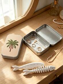 Camel & Palm Tree Print Jewelry Storage Box, With Fishbone Divider, Snap Closure, Portable Jewelry Box, Compartmentalized Storage For Earrings, Rings, Necklaces, Suitable For Commuting, Travel, Dorm, Vanity Organization, Ideal For Delicate Girls, Students, Jewelry Lovers, Qixi, Birthday, Christmas, Best Friend Gift, Portable Earring Box, Mini Jewelry Organizer - Multicolor - View 3