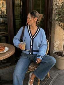 Contrast Trim Ribbed Knit Cardigan, Button Front, Long Sleeve, Slim Fit, Blue Sweater Cardigan For Women, Casual Fall Layering Top - Blue - View 3