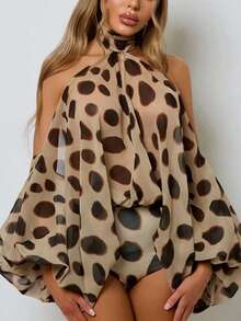 Fashionable Women's Cold Shoulder Polka Dot Two Pieces Outfit, Halter Neck Blouse And Bodysuit For Parties - Khaki - View 1