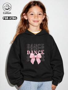 Girls' Black Hooded Sweatshirt With Pink Bow And "DANCE" Repeat Print, Long-Sleeve Pullover, Suitable For Tween Girl - Black - View 8