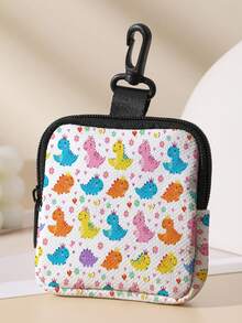1pc Cartoon Dinosaur Print Mini Coin Purse, Zipper Closure Small Pouch With Swivel Hook For Earphones Coins Keys Small Items, Can Hang On Backpack - Multicolor - View 4
