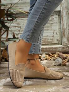 Khaki Fine Textured Woven Round Toe Knitted Soft Surface Women's Flat Slip-On Shoes, Autumn New Classic Casual Shallow Backless Loafers, Solid Color Breathable Mesh Fabric, Spring/Summer Versatile Commute Shoes - Khaki - View 4