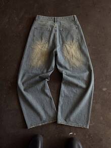 Men's Loose Wide Leg Denim Jeans, Vintage Distressed H Letter Embroidered Denim Pants, Loose Wide Leg Fit Suitable For Casual Daily Wear - Mustard Yellow - View 4