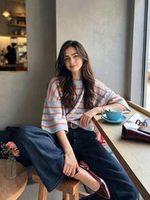 Women's New Autumn Contrast Color Striped Knit Top, Casual Daily Commute College Style - Warm Orange & Light Blue - View 4