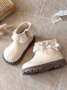 1 Pair Girls' New Lace Decor Comfortable Versatile Sweet Cute Non-Slip Short Boots - Beige - View 4