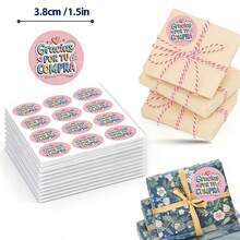120/60pcs Spanish "Thank You For Your Purchase" Round Stickers, Pink Heart Pattern, Hand-Drawn Font Design, Perfect For Gift And Product Packaging, Stylish And Unique Style, Create A High-Quality Shopping Experience, Suitable For Gift Boxes, Thank You Cards, Business Thanks, Baking Packaging Bags, Dessert Packaging Bags, Favor Bags, Envelope Seal Decoration - Spanish - View 2