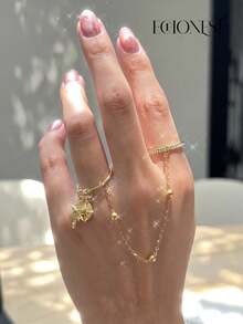 1 Pair Gold-Colored Stainless Steel Minimalist Zirconia Eight-Pointed Star Connected Finger Rings - Yellow Gold - View 10