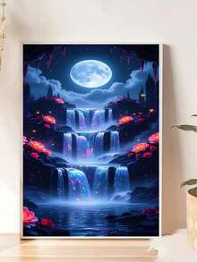 1pc Diamond Painting Kit, Dreamy Luminous Landscape Waterfall Diamond Art, Moonlit Fantasy Floral Scenery Handmade Rhinestone Decor Painting, Living Room Bedroom Atmosphere Luxury Wall Art - round diamond - View 10