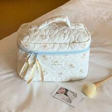 1Pc/Pcs Cute Quilted Blue Bear Cosmetic Bag, Soft Fabric Heart Pattern Makeup Organizer, Travel Toiletry Pouch With Zipper, Multi Sizes Storage Bags - Baby Blue - View 17