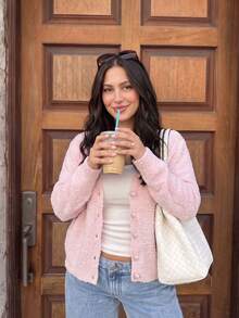 Women's Pink Knit Short Cardigan, Heart-Shaped Buttons, V-Neck Long Sleeve Sweater, Suitable For Autumn/Winter Outfits And Casual Daily Wear - Pink - View 6