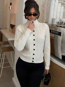 FOR BEAUTY Fall Winter Women Sweaters Elegant Casual Vacation Cream Cable Knit Button Up Cardigan High Neck Long Sleeve Tops Daily Outfits Clothes - White - View 2