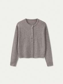 FOR BEAUTY Fall Winter Women Cardigans Quiet Luxury Oatmeal Beige Soft Fuzzy Crew Neck Long Sleeve Cropped Knit Sweater Tops Coffee Date Outfits - Camel - View 5
