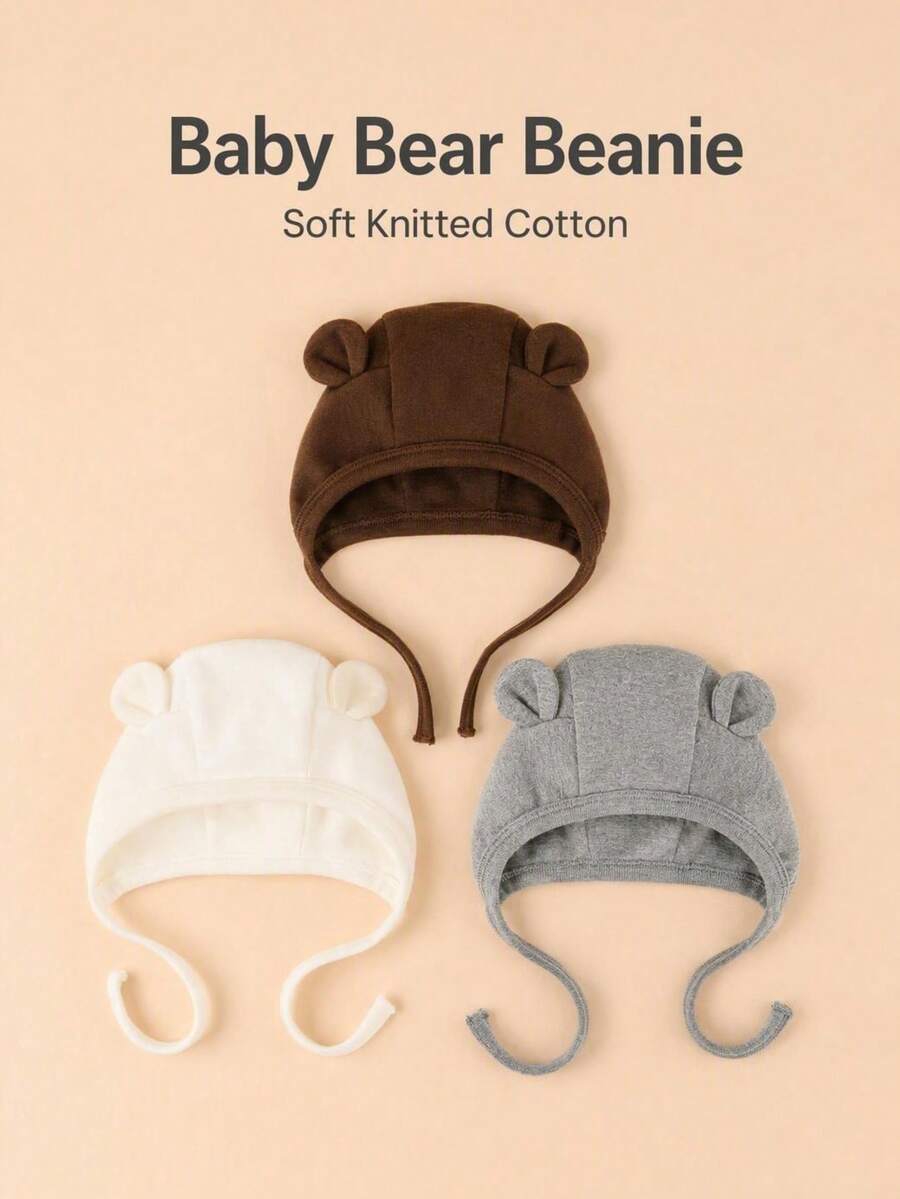 3 Packs Cute Bear Ear Baby Hats, Soft Double-Layer Knit Cotton Ear Protection Hats With Ties - Multicolor - View 1