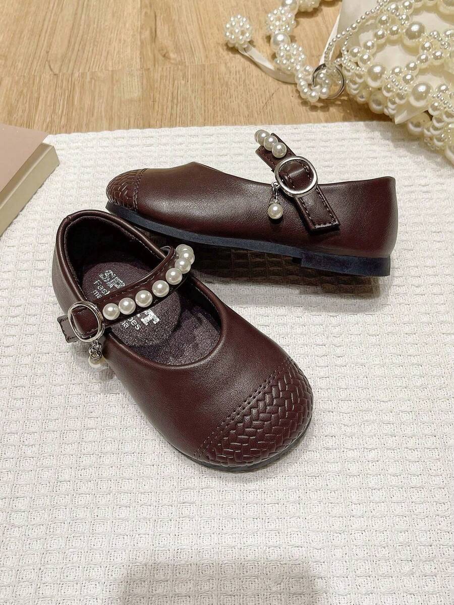 Children's Vintage Woven PU Shoes, Girls' Pearl Hook & Loop Soft Sole Princess Shoes For Party And Performance - Brown - View 1