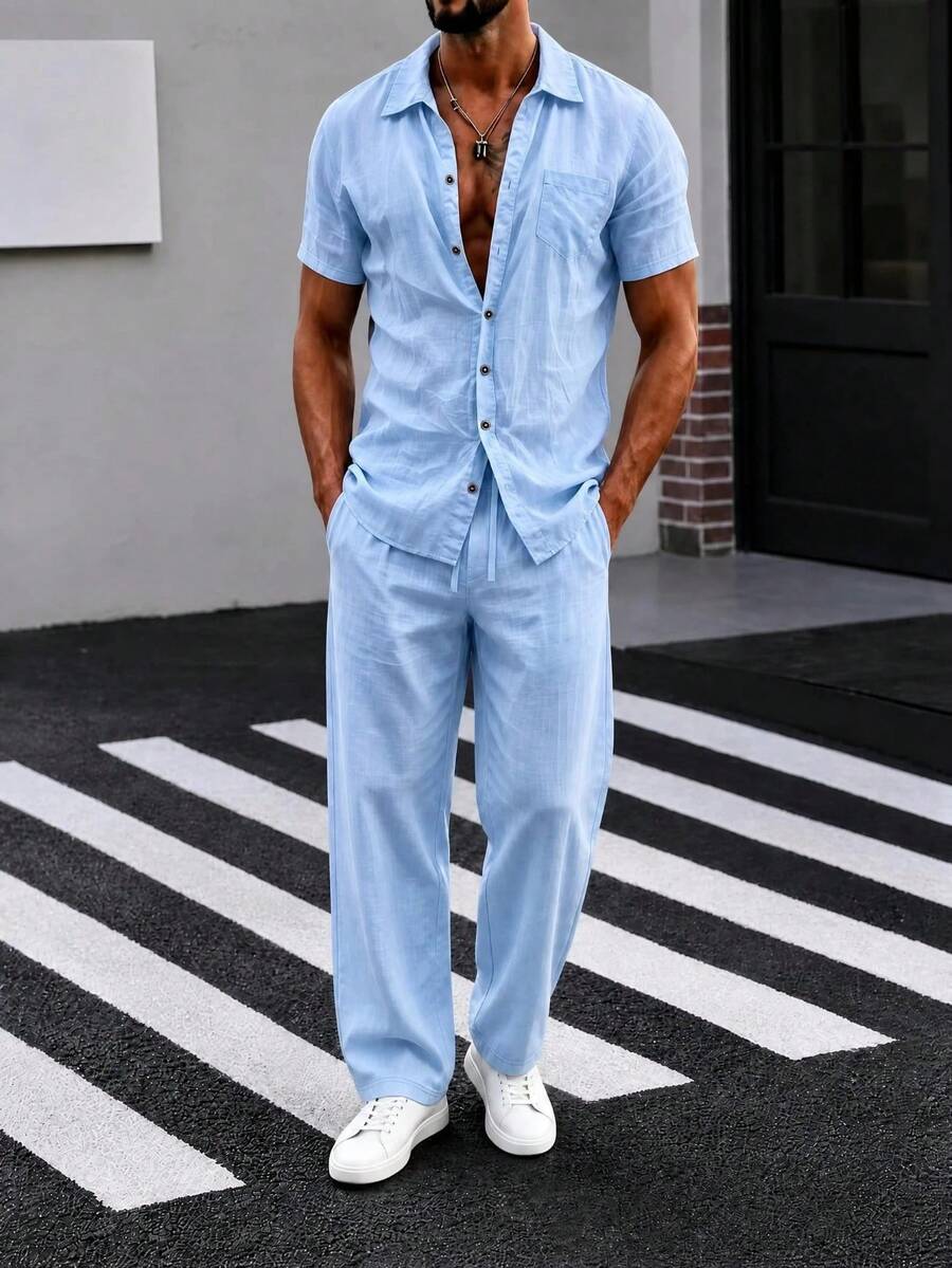 Men's 2 Pieces Linen Set, Solid Color Single-Breasted Short Sleeve Shirt And Long Pants, Lightweight Summer Casual Linen Outfit - Blue - View 1