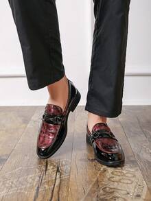 Men's Burgundy & Black Two-Tone Crocodile Embossed Loafers With Metal ...