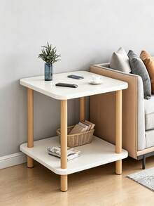 2 Tier Square Side Table, White Top Wooden Leg Small Coffee Table, Bedside & Sofa Side Storage Corner Table For Bedroom Living Room - Multicolor - View 5