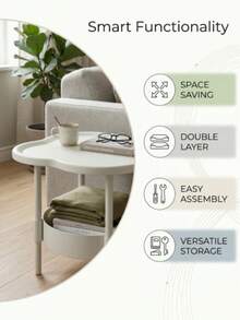 [Fashion Side Table]Minimalist Modern Plastic Side Table - Fashionable Modern Round Clover Side Table, Small Double-Layer Coffee Table With Storage Shelf | Space-Saving Clover Design Bedside Table - Suitable For Living Room, Study, Bedroom Storage And Organization - White - View 5