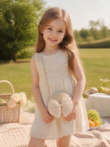 1pc Girls' Lace Bowknot Straw Crossbody Bag, Kids Coin Purse For Travel & Beach - Beige - View 3