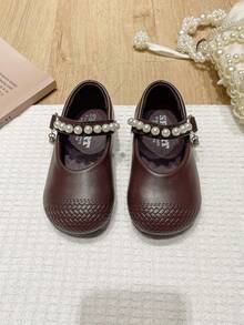 Children's Vintage Woven PU Shoes, Girls' Pearl Hook & Loop Soft Sole Princess Shoes For Party And Performance - Brown - View 3