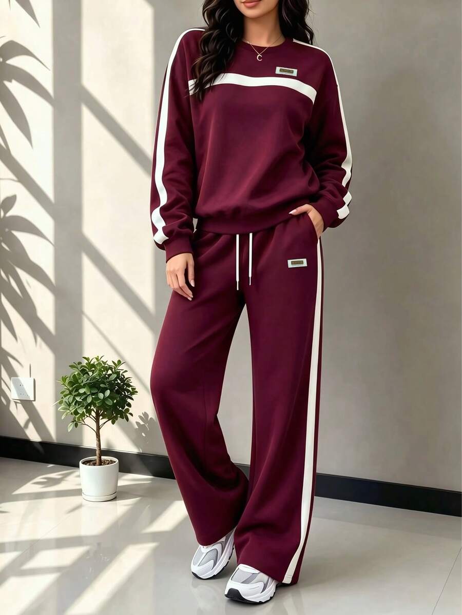 Spring/Autumn Casual Fashion Commuter Set For Women, Versatile Contrast Color Top With Striped High Waist Drawstring Loose Straight Leg Pants Elegant - Burgundy - View 1