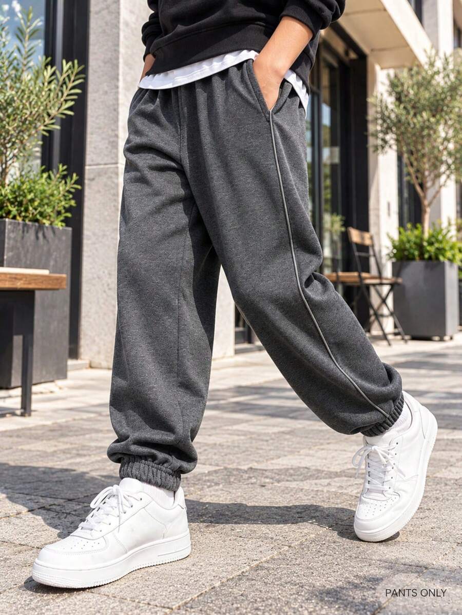 Young Boy Casual Minimalist Versatile College Style Diagonal Pocket Dark Gray Long Pants Suitable For Vacation Travel Sports School Daily Wear - Dark Grey - View 1