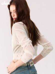 CHUU Women's Hollow Out Distressed Knit Sweater, Autumn Sweet & Cool Loose Fit Versatile Design Crop Top - Apricot - View 4