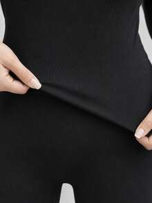 Women's Ribbed Crew Neck Long Sleeve Top, Slim Fit Elastic Basic T-Shirt, Soft Comfortable Solid Color Casual Layering Inner Shirt - Black - View 5